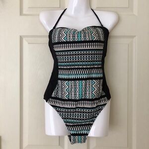 Kenneth Cole One Piece Swimsuit Black/White/Turquoise Print Size Medium